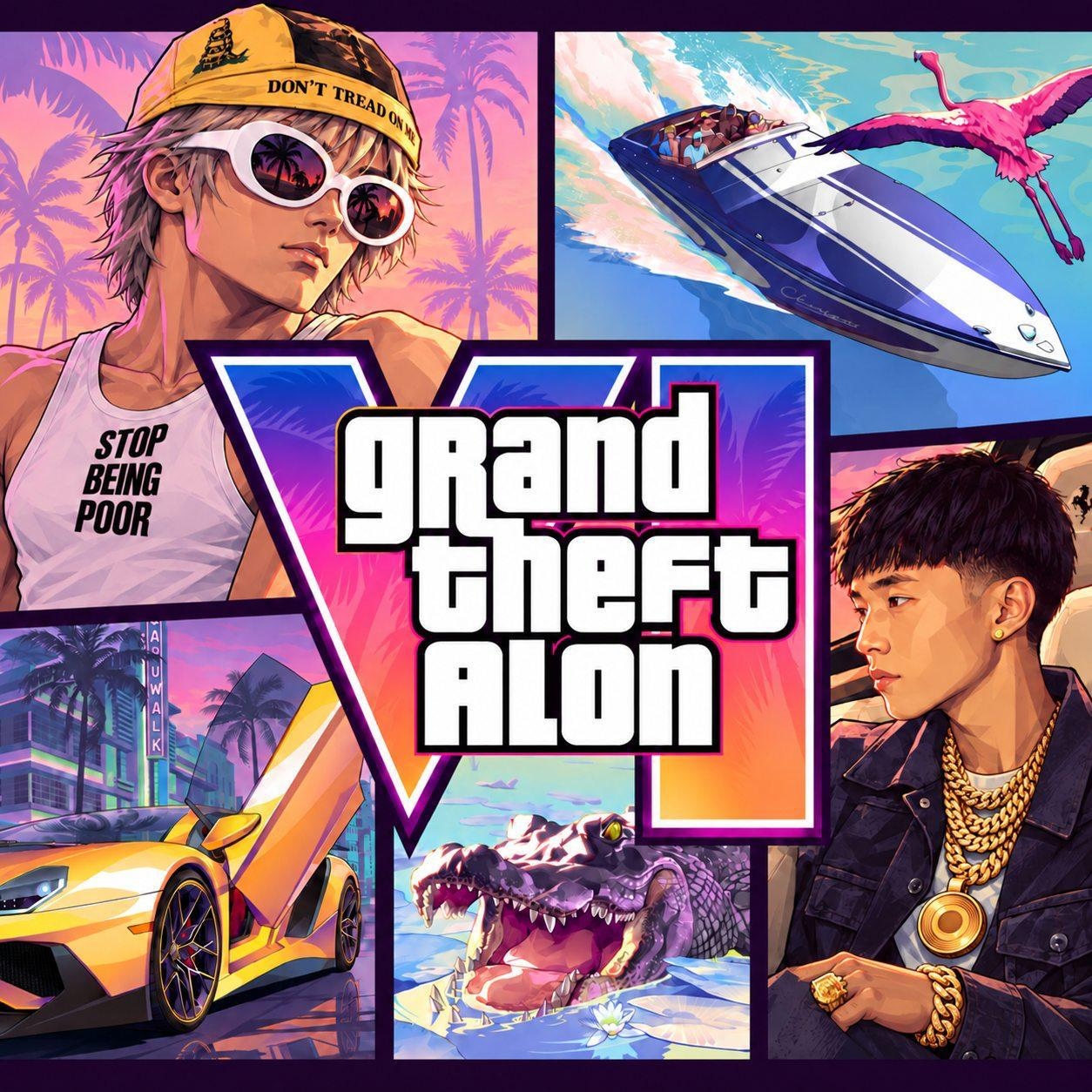 Grand Theft Alon illustrated cover: sunset palms, a speedboat, a yellow supercar, an alligator and two larger-than-life characters